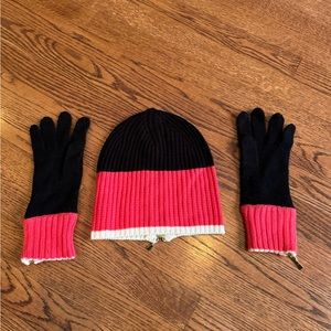 NWOT Kate Spade pink and black winter hat and gloves set